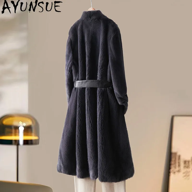 AYUSNUE Natural Female Mink Coat Women Clothing Winter Jacket Mid-length Warm Real Fur Coats Belt Purple Label Шуба Женская