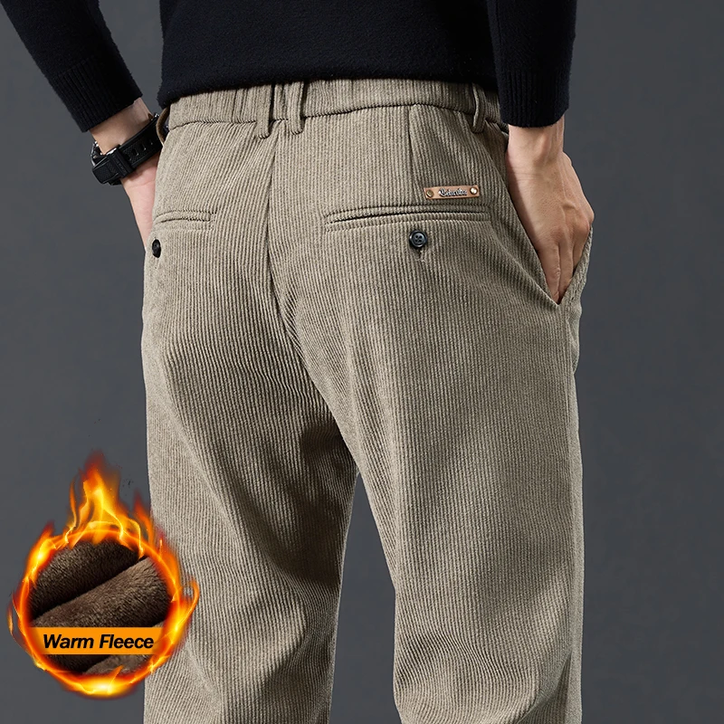 

Winter Fleece Warm Casual Pants Men's Corduroy Khaki Fashion Korean Straight Thicken Plush Velvet Trousers Male Clothes