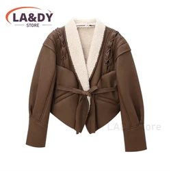 Faux Leather Jacket Coat 2024 Autumn Winter Women Fashion V-Neck Simple Female Solid Color Long Sleeve Lace-Up Casual Outerwear