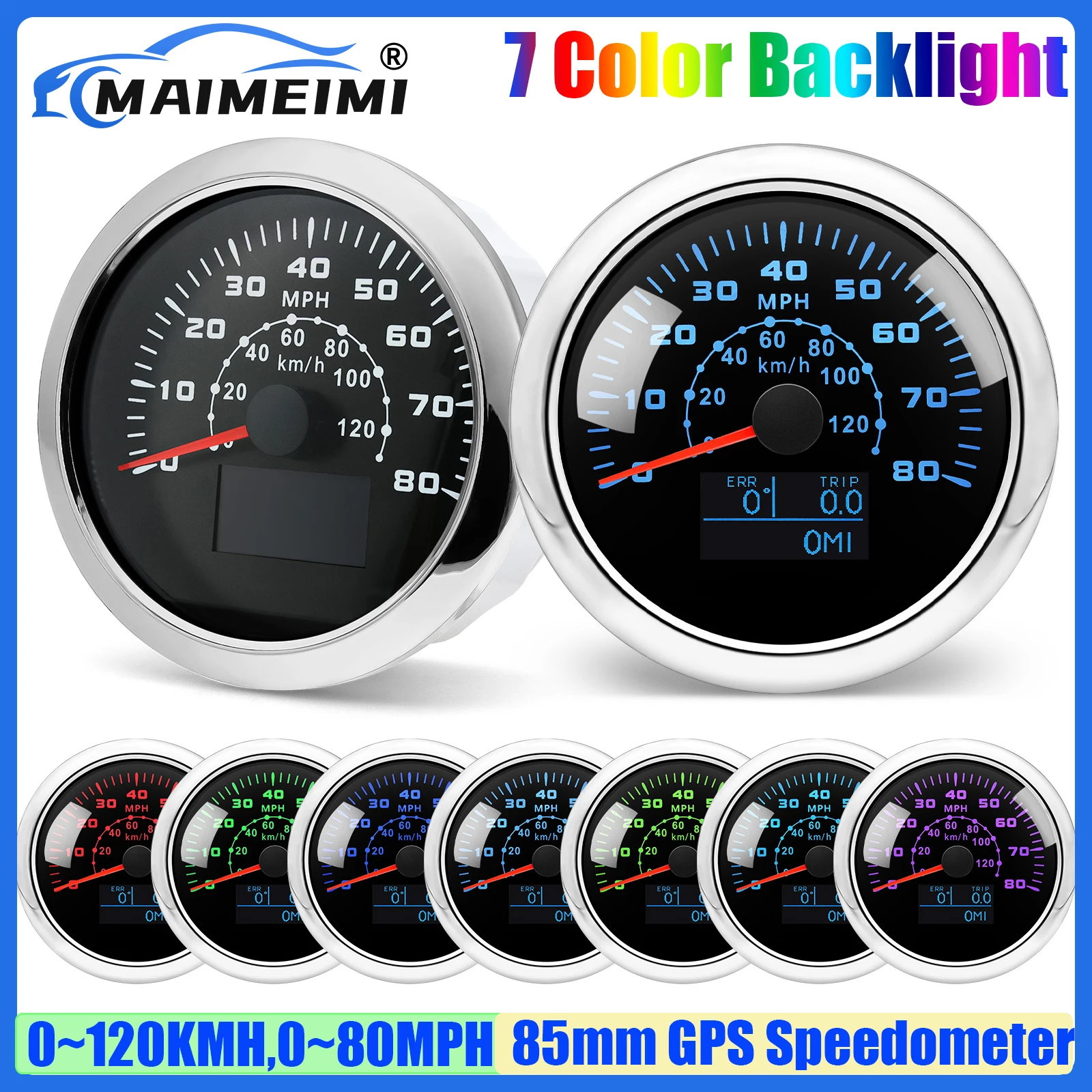 

0-120KMH,0-80MPH 85mm GPS Speedometer Gauge with Antenna COG TRIP Mileage Odometer 7 Color LED for Universal Car Boat Yacht