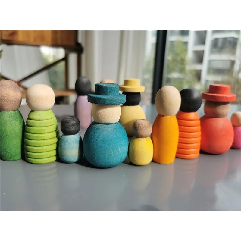 Wooden Montessori Toys Handmade Rainbow Peg Dolls Together Stacking Figurines Blocks For Children Open-ended Play