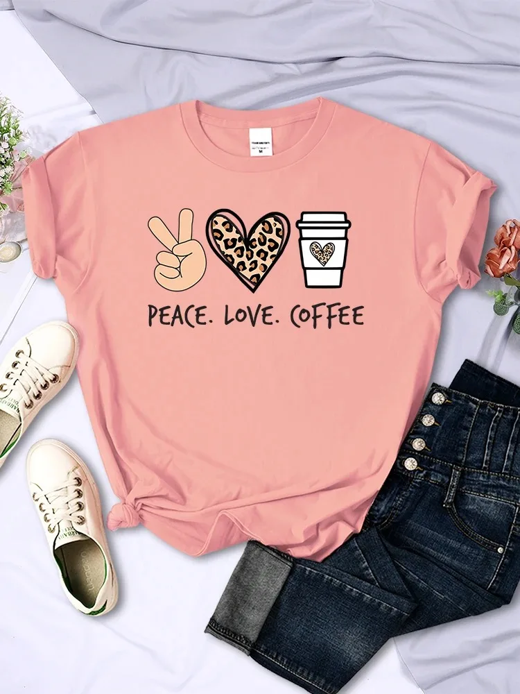 

Plus - Size Short Sleeve T - Shirt Women's Clothing: “PEACE. LOVE. COFFEE” Trendy Coffee Culture Graphic