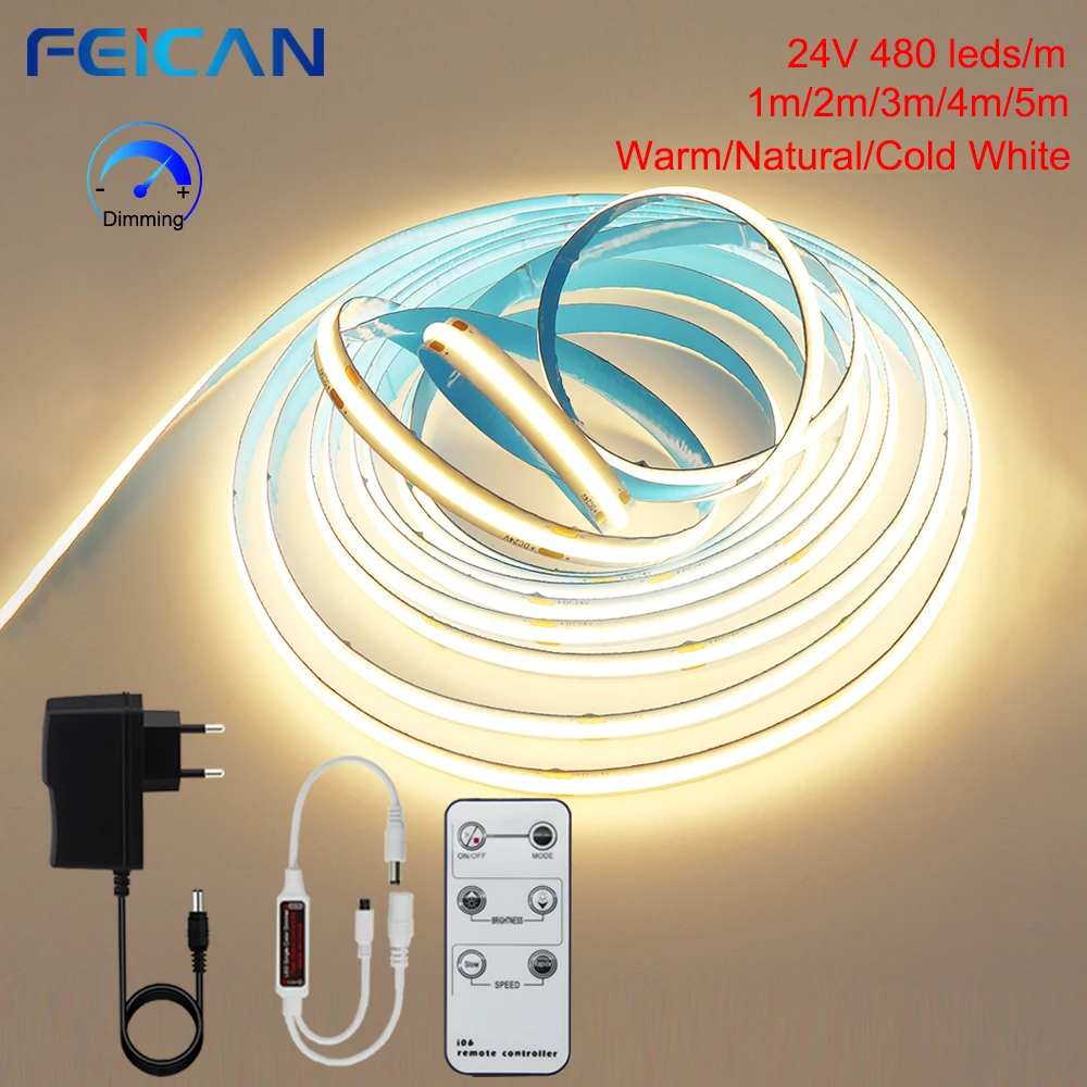 COB LED Strip Light 480leds/m Linear Dimmable High Brightness Flexible Warm/Naturel/Cool White 24V 8mm COB Lamp RA90 Decor room