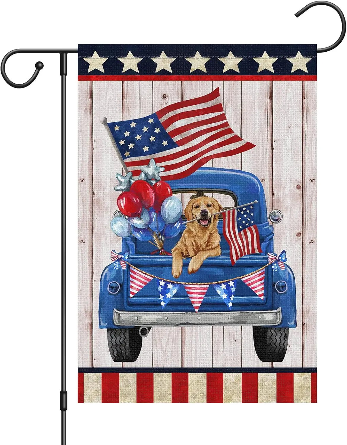 Louise Maelys 4th of July Garden Flag 12x18 Double Sided, Small Burlap Truck Golden Retriever Dog Welcome Patriotic Garden Yard