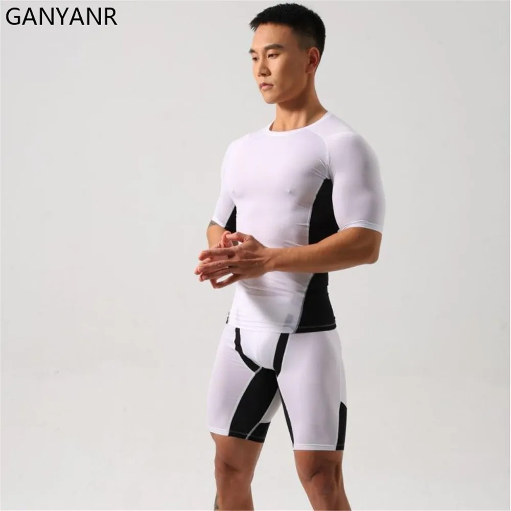 GANYANR Men Sports Set Athletics Running Compression Clothing Sportswear Gym Sweatsuit Tracksuit Jogging Matching Training Suit