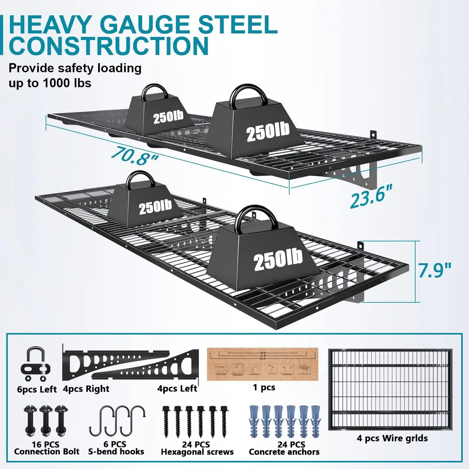 Wall Mounted, 4 Pack 2x3ft, Loads 1000 lbs Heavy Duty Sturdy Shelves, Strong Garage Organiser, Storage R