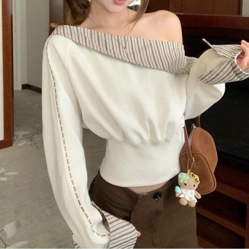 Color Blocking Striped Patchwork Sloping Shoulder Temperament Long Sleeved Hoodie for Women's Slim Fit and Slimming Effect