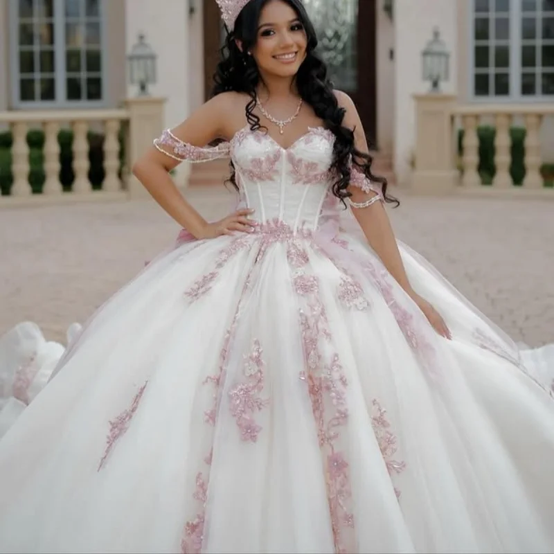 

White Quinceanera Dress off-shoulder 3D flower decal Long tail Big Bow vestidos de 15 Quinceanera ﻿Customize