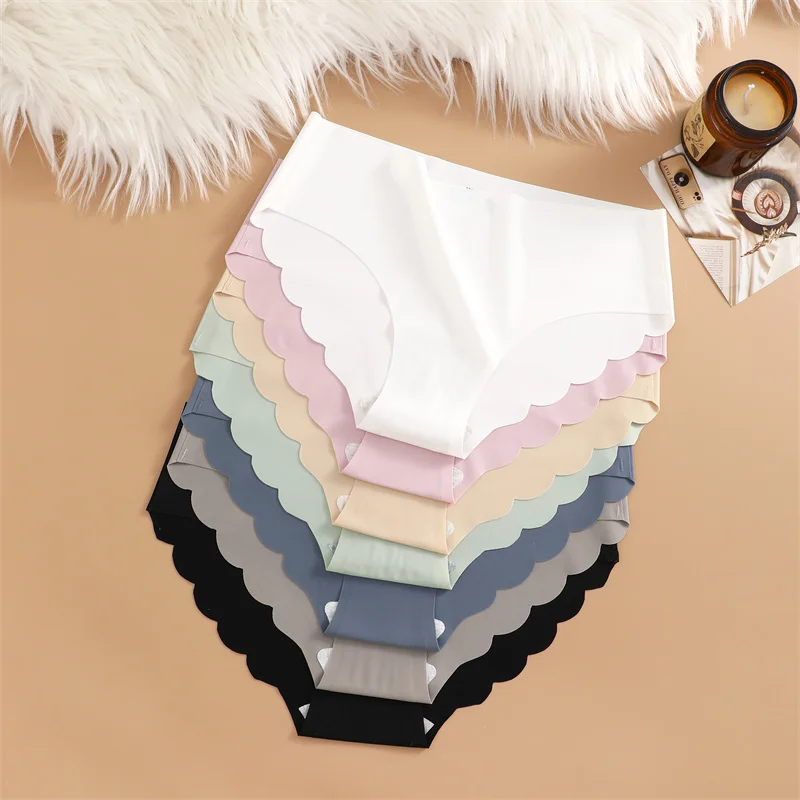 3PCS Women Seamless Panties Ultra Thin Breathable Underwear Sexy Low Waist Briefs Female Elastic Wavy Side Lingerie Solid Color