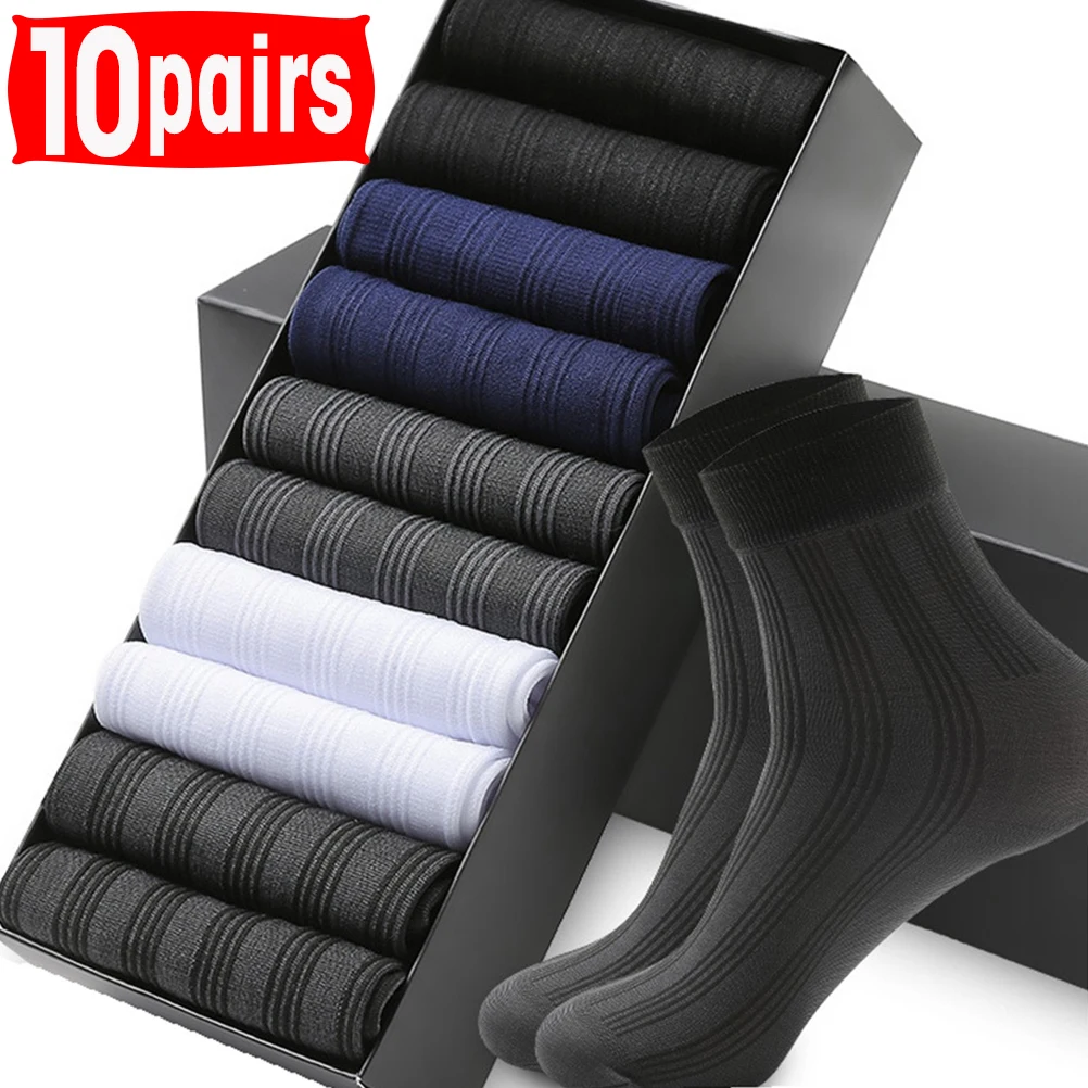 

10pairs Breathable Long Socks Bamboo Fiber Socks Summer Thin Stripe Men Silk Sports Socks Antibacterial Black Business Men Socks