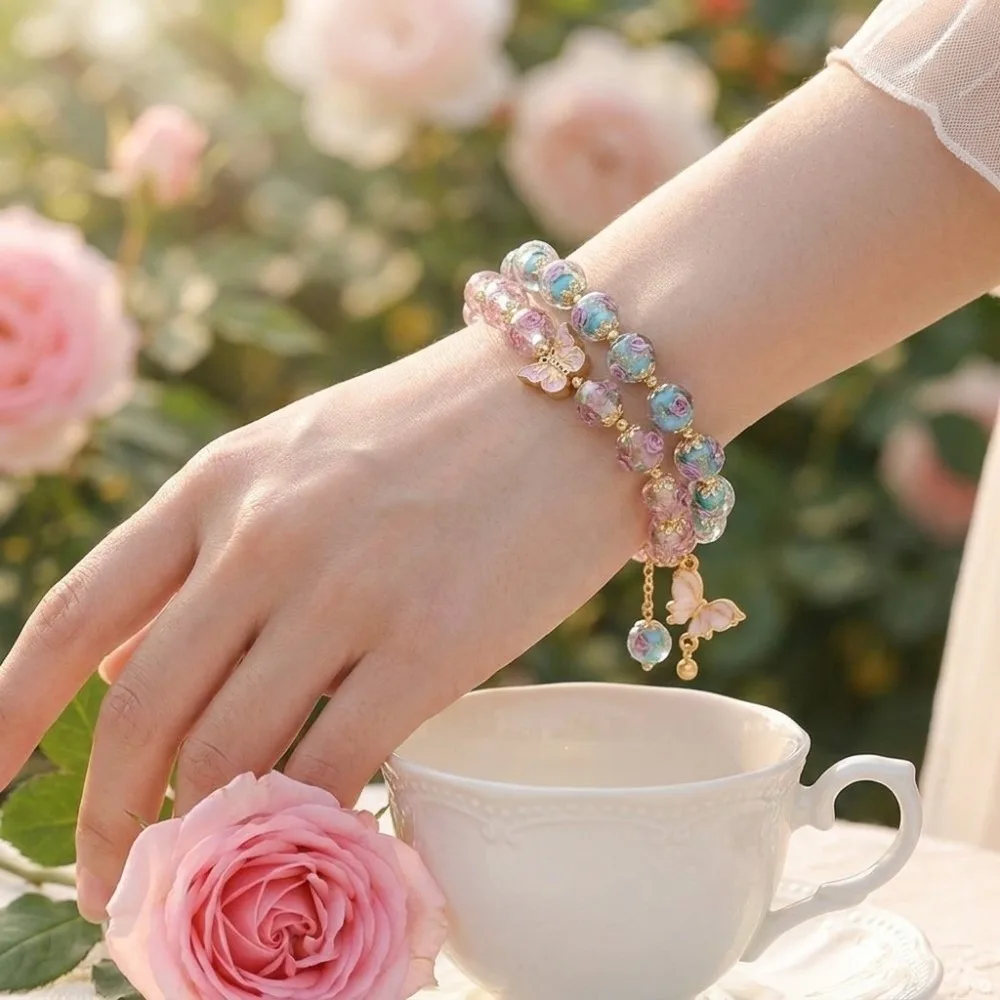 Skin-Friendly Beaded Hand Chain Enamel Drip Technique Delicate Rose Bracelet Sweet Vintage Style Handmade Jewelry