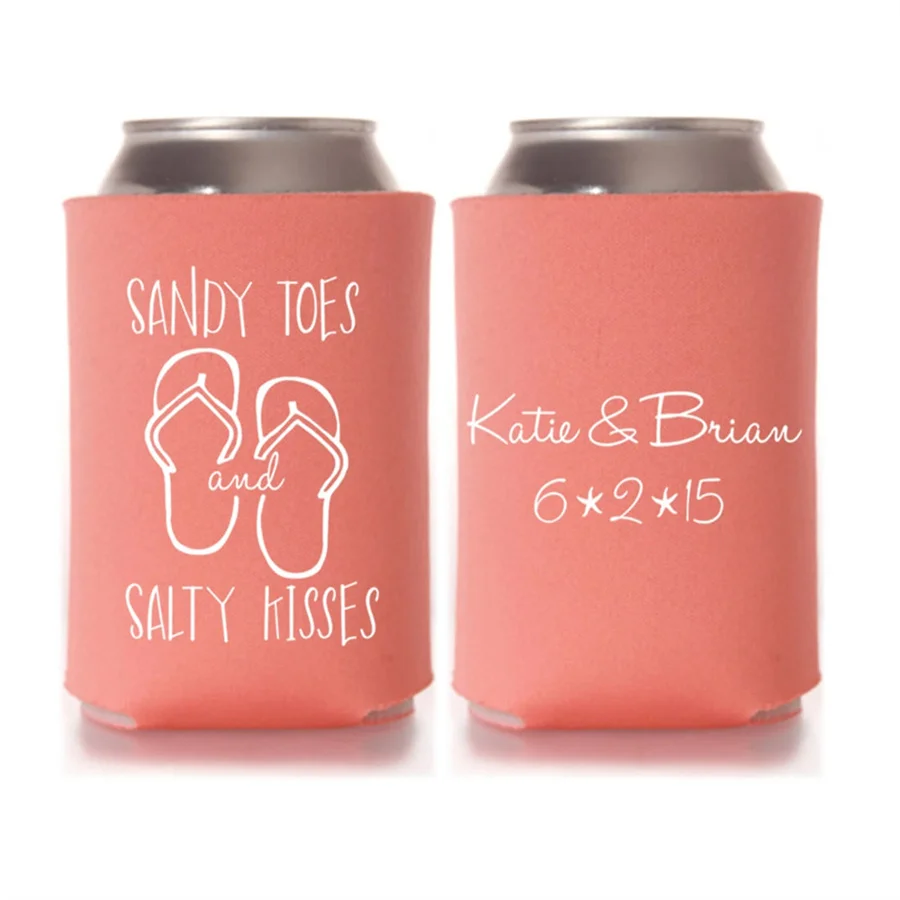 

Beach Wedding Favors - Sandy Toes Salty Kisses Personalized Can Coolers, DIY Favors for Guests, Destination Wedding Ideas, Summe