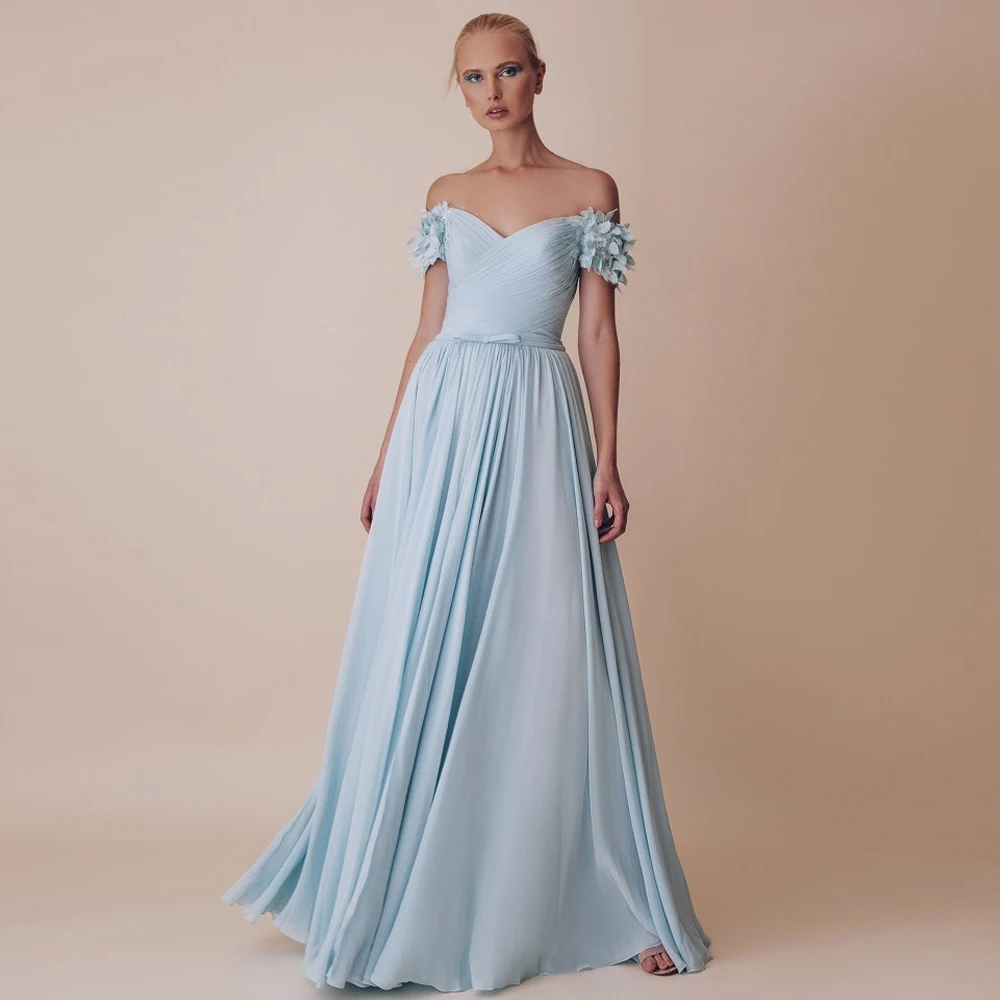 

Light Sky Blue Prom Dresses for Women Off the Shoulder Flowers A Line Elegant Evening Dress Long Backless Pleat Gowns