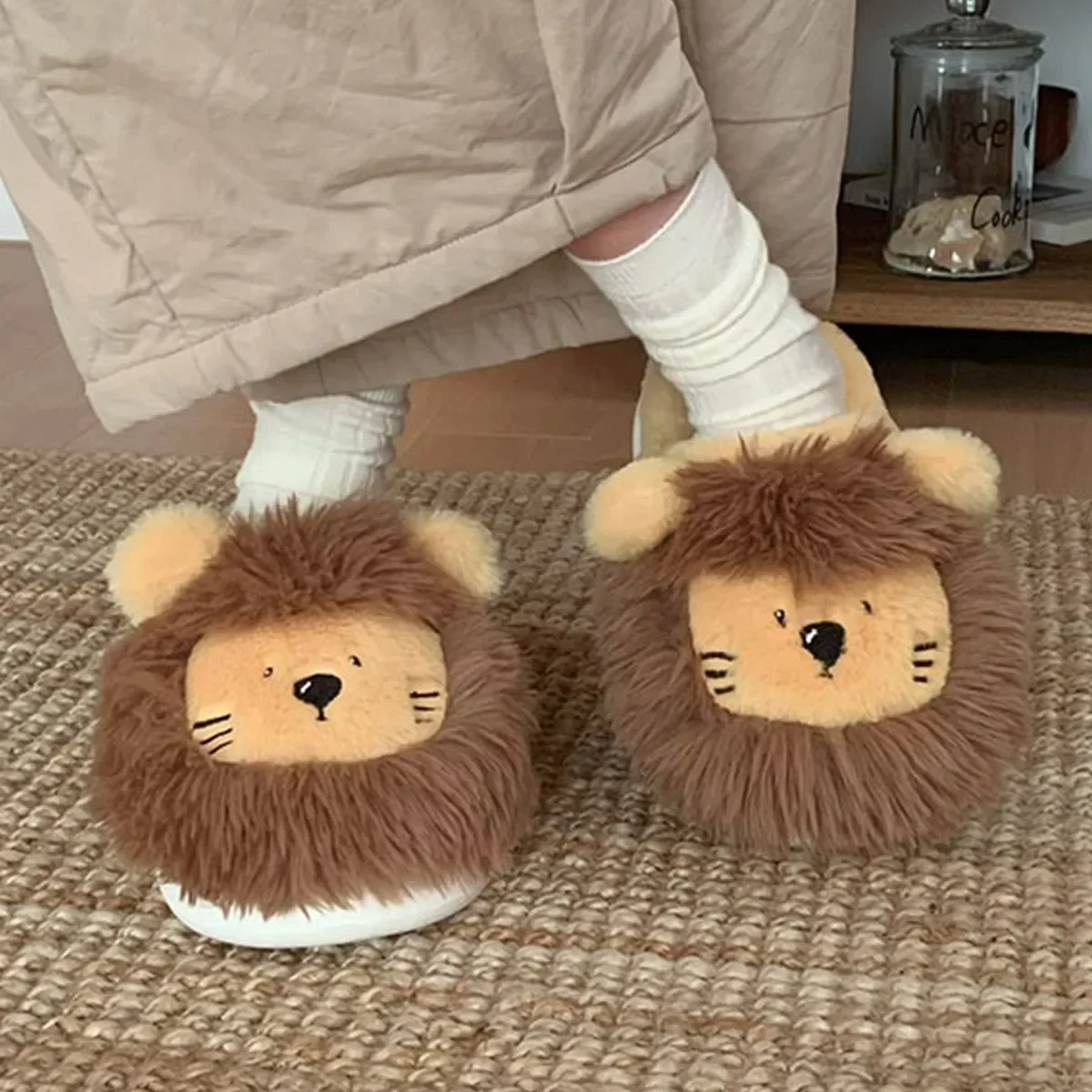 Women House Fur Slippers Casual Cute 3D-shaped Lovely Lion Design Yellow Khaki Winter Indoor Non-slip Warm Soft Soles Comfy Home image 2