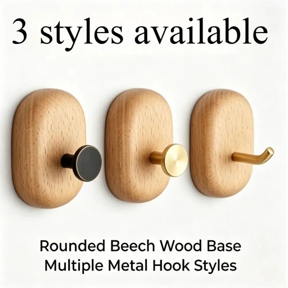 3 Pcs Beech Solid Wood Brass Wall Hooks Modern Decorative Coat Hanger Heavy Duty Hat Robe Hooks for Entryway Hallway Living Room
