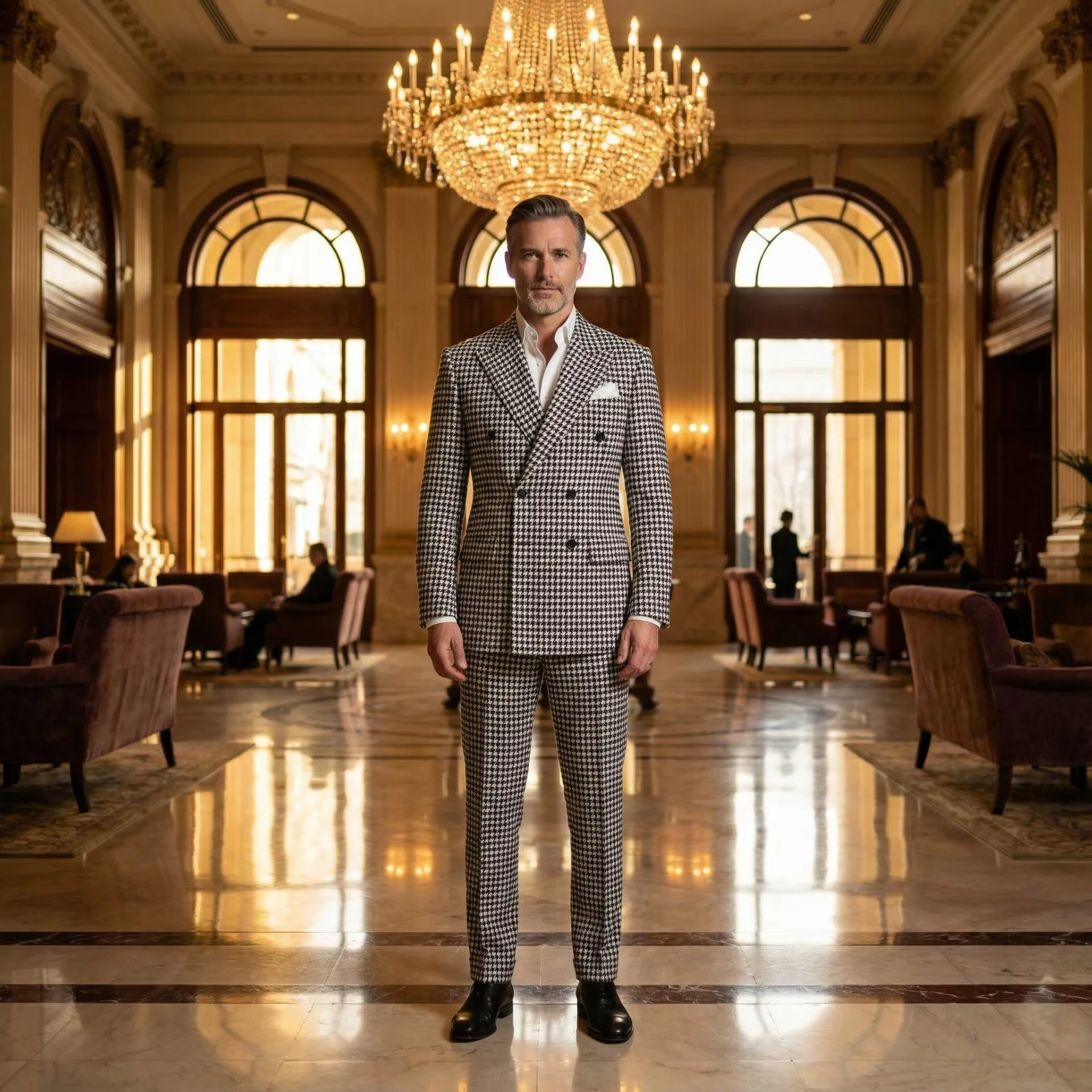 

Classic Houndstooth Suits Men Double Breasted Jacket Pant 2 Pieces Sets Plaid Tweed Woolen Men's Attire Groom Dinner Tuxedos