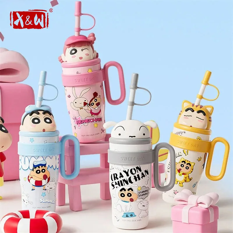 X&W Crayon Shin Chan Cartoon Insulated Cup 800ML Stainless Steel Insulated Cup Ice Bucket Car Outdoor Travel Straw Cup Gift