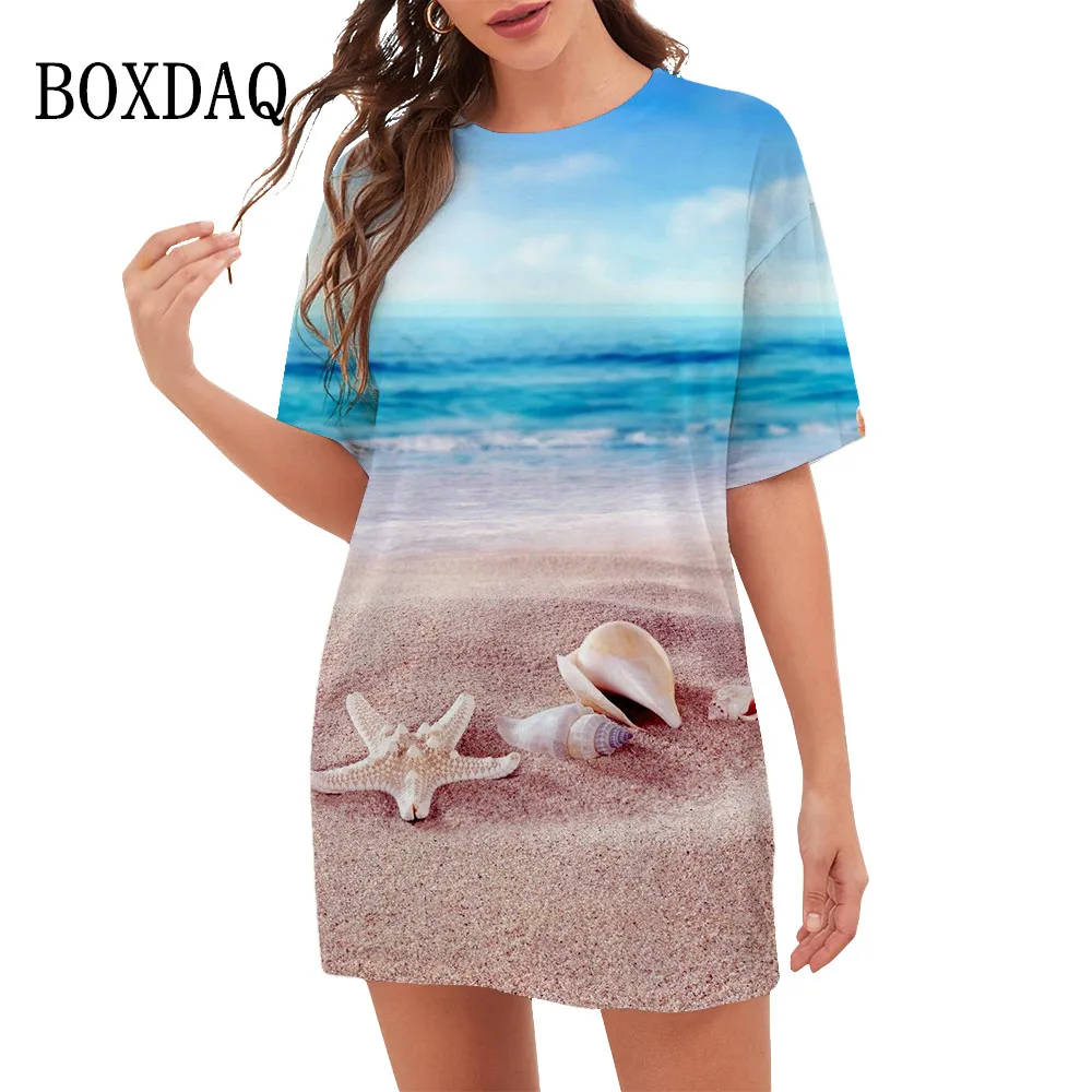 Beach Shell Dresses For Summer 2023 Oversized Women Landscape Pattern 3D Print Dress Loose Short Sleeve Casual Fashion Clothing