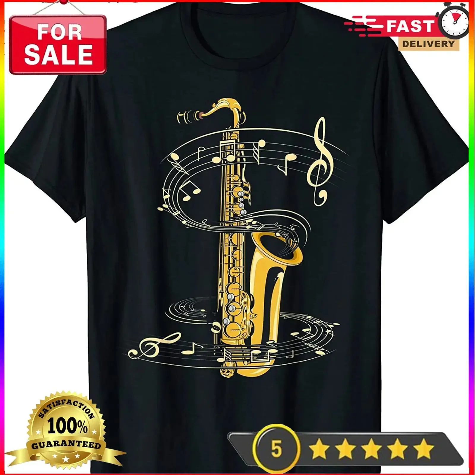 2025 NEW LIMITED Music Notes Treble Clef Saxophonist Jazz Musician Saxophone T S vintage Washed fashion Comfortable homme