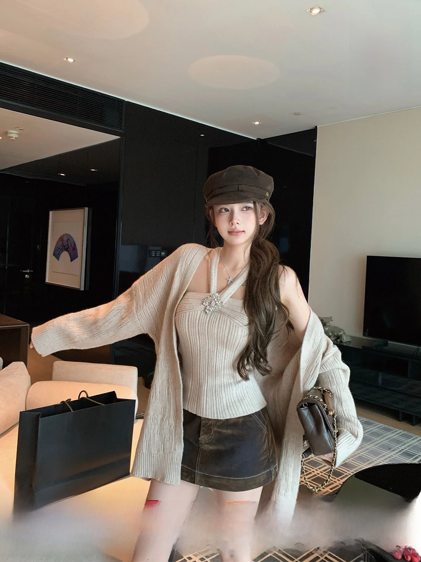 

Теплый кардиган из флиса цвета фундука с воротником-стойкой и эффектом винтажа, свободный вязаный комплект из двух предметов для ранней осени, женский модный ансамбль