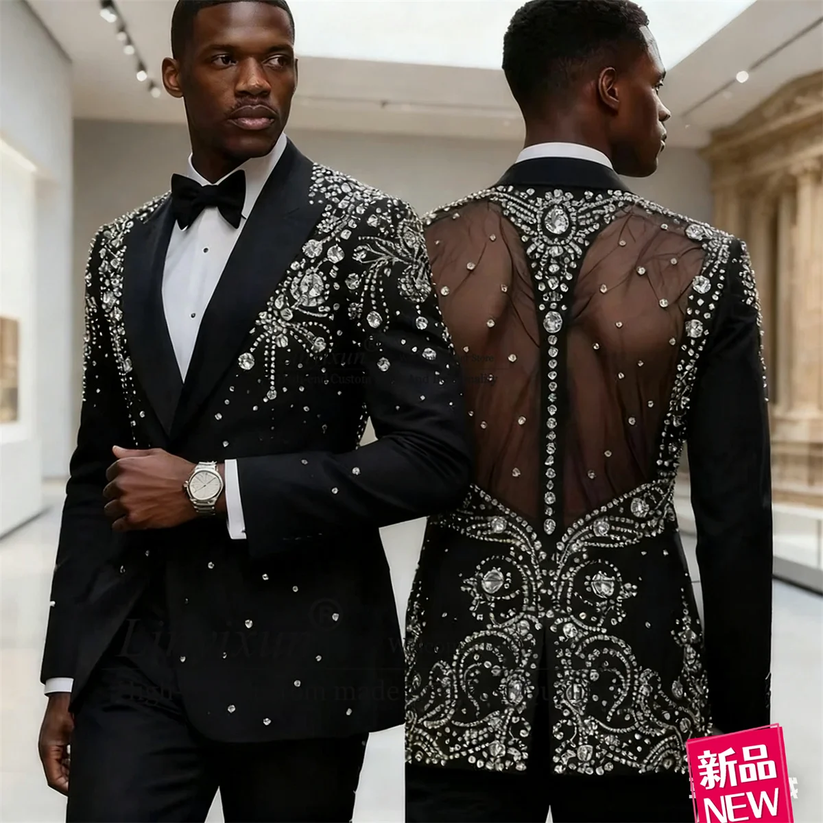 

Luxury Diamond Men's Suits Customized Fashion Hollow Back Groom Tuxedos Customized Prom Party Blazers Slim trajes para hombre