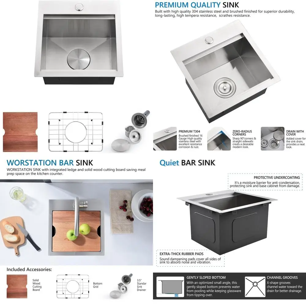 

15 Inch Single Bowl Stainless Steel Bar Sink with Accessories for Small Kitchen Workstations and Outdoor Wet Bars