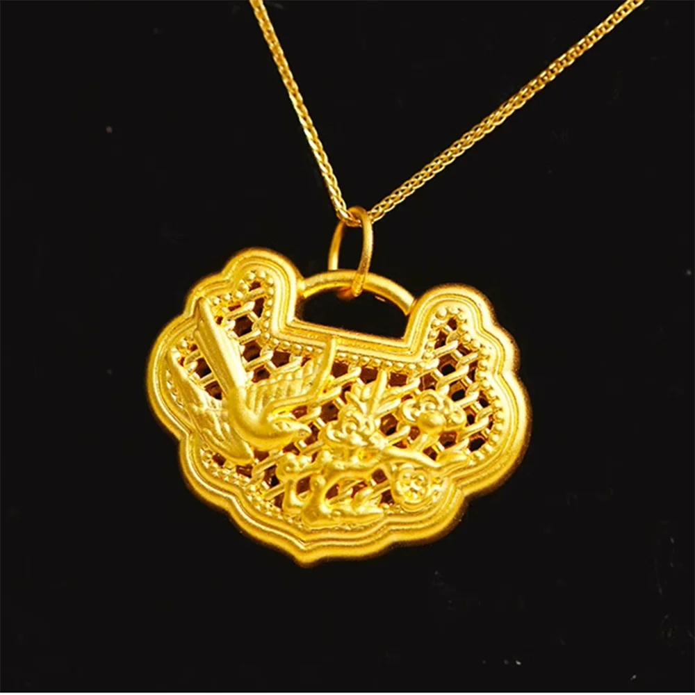 1pcs 24K Yellow Gold Pendant For Women Lucky 5D Light Hollow Bird Longevity Lock Pendant /1.1g