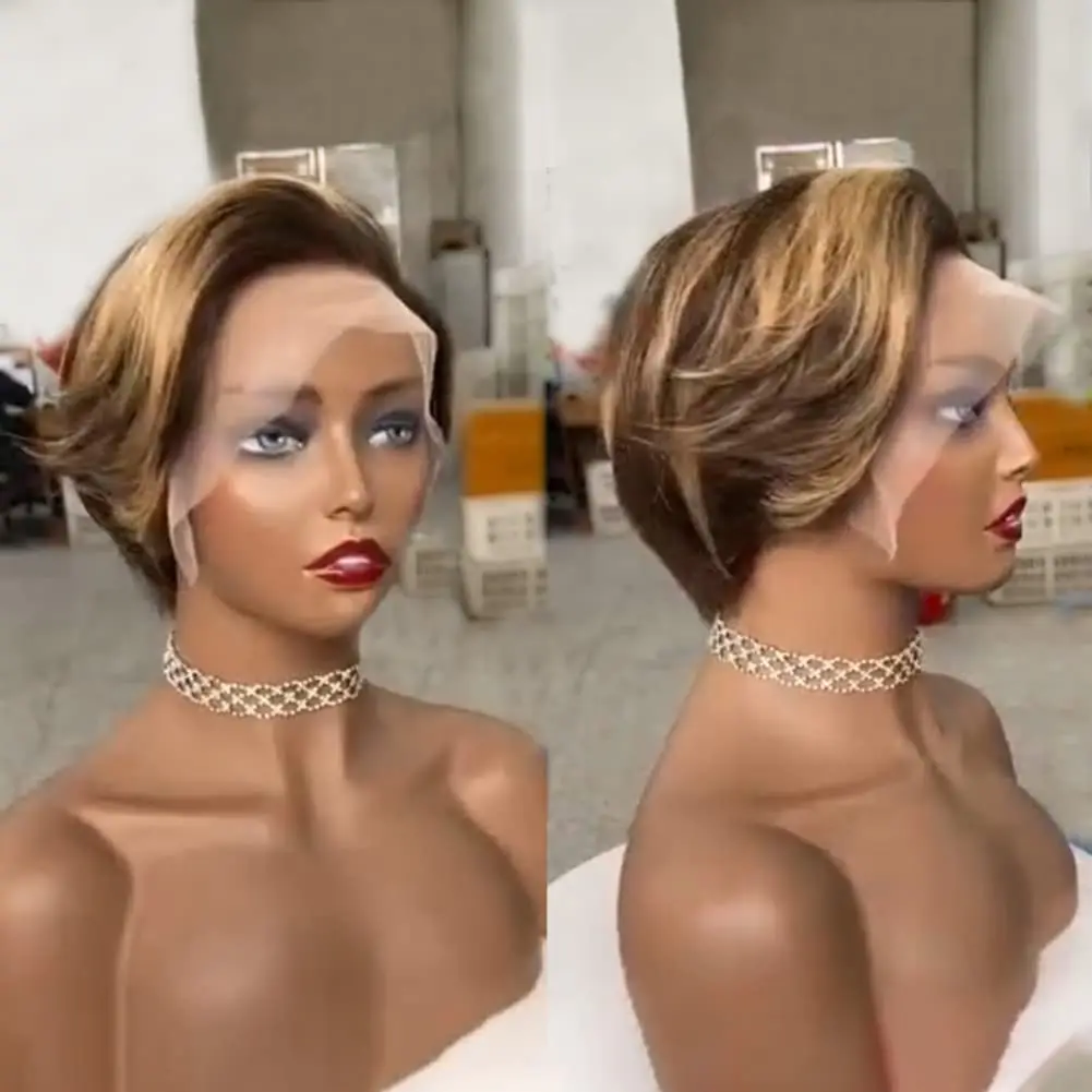Hightlight Pixie Cut Wig P427 Transparent Lace Human Hair 13×4 Straight Human Hair Wigs Short Bob Wig For Women Natural Hairline