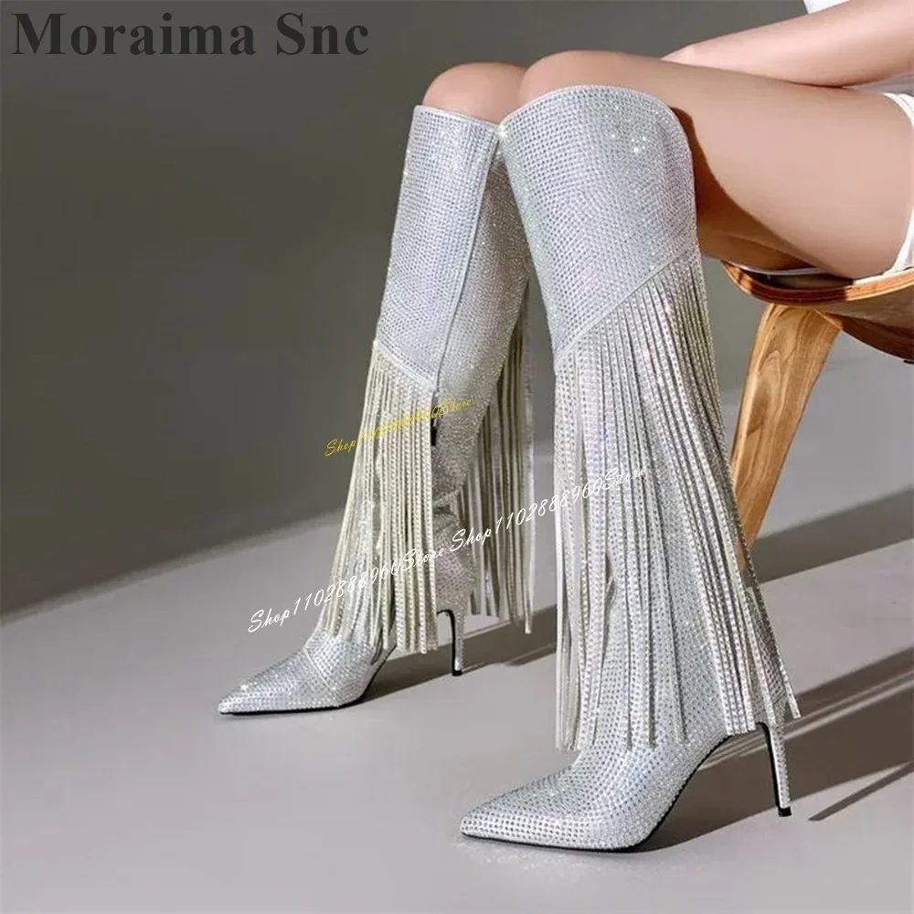 

Knee High Silver Crystal Fringe Decoration Boots Thin High Heel Women Shoes Side Zipper Pointed Toe 2024 Zapatos Para Mujere