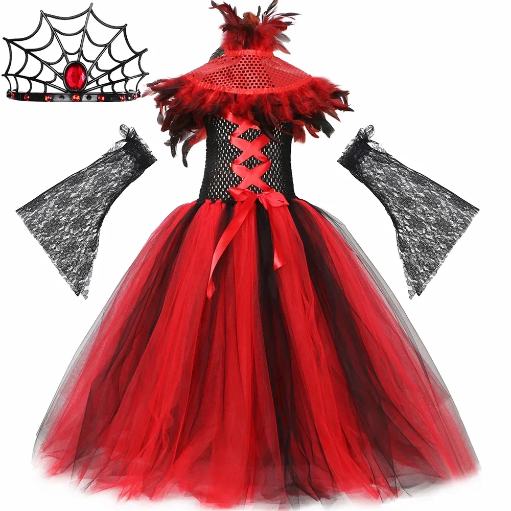 Girls Gothic Demon Vampire Costume Evil Queen Witch Tulle Tutu Dress Long Kids Halloween Carnival Party Dress Up Clothes Outfits