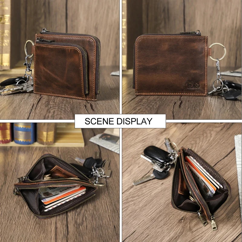HTS-M1364 Full Grain Cowhide Mini Retro Casual Card Holder RFID Anti Tape Airtag Real Pickup Bag