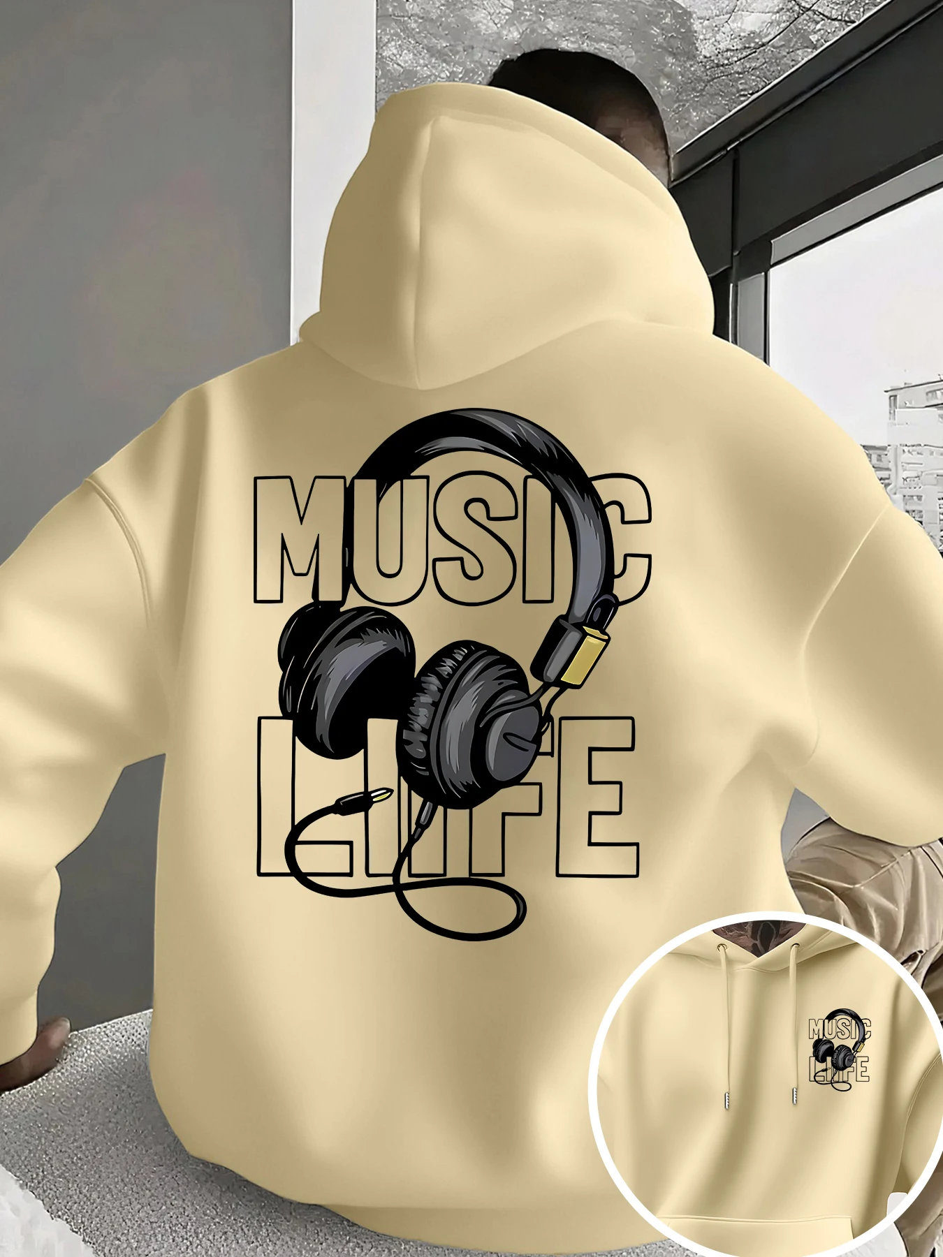 Men's Music Themed Hoodie with Headphone Graphic, Music Life Kangaroo Pocket Casual Hoody Vintage Unisex Music Lovers Hoodies