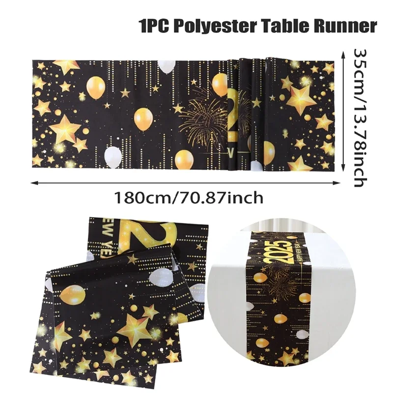 2025 Happy New Year Black Gold Table Runner For  Firework Champagne New Year Party Photography Background Party Table Decoration