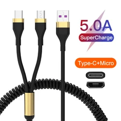 HA46 2 IN 1 5A Quick Charge USB Type C Micro Smartphone 2m Spring Cable For Xiaomi Huawei Mobile Phone Redmi Realme Poco Charger