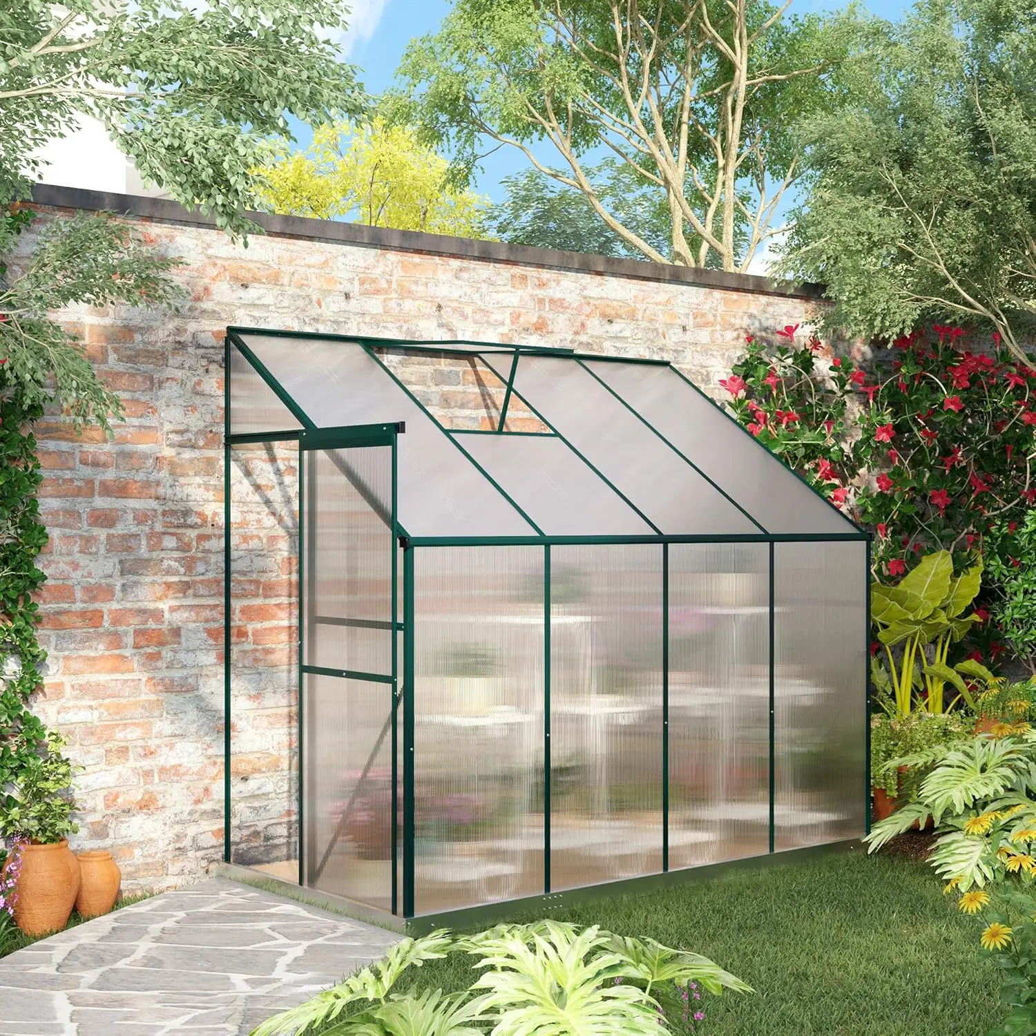 8' x 4' x 7' Hobby Greenhouse, Walk-in Lean-to Polycarbonate Hot House Kit with Aluminum Frame, Sliding Door, Roof Vent, Green