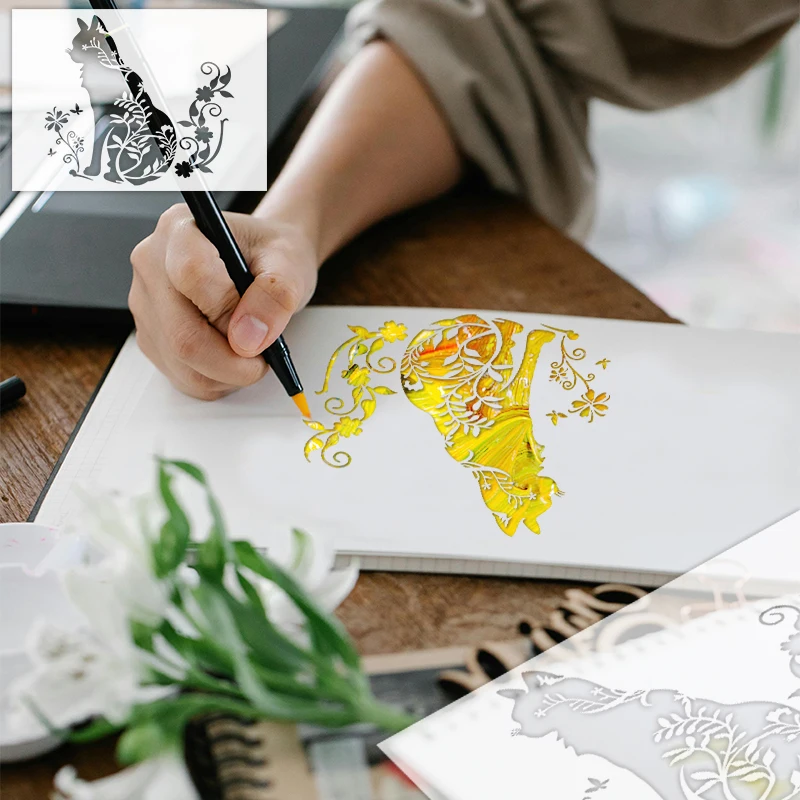 NUBECOM 1pc Cat Flower Painting Templates DIY Animal Patterns Graffiti Stencils Reusable Cat Pattern Decorating Craft Template
