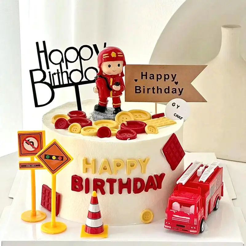 Fire Truck Fireman Cake Topper Birthday Decoration Firefighter Hero Theme Cake Topper Birthday Party Kid Gifts Cake Decoratings