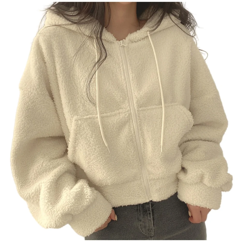 Hooded Cropped Jacket for Women Polyester Base Lamb Fleece Lining Comfortable Regular Length for Four Season Use