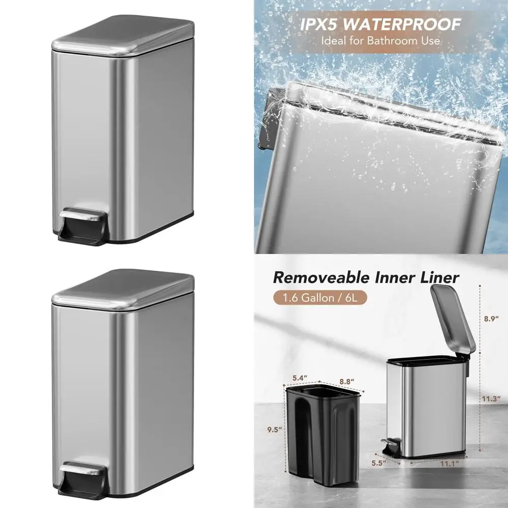 

6L Soft-Close Trash Bin with Lid, Removable Bucket, Step Pedal, Stainless Steel, Ideal for Home & Office, Silver
