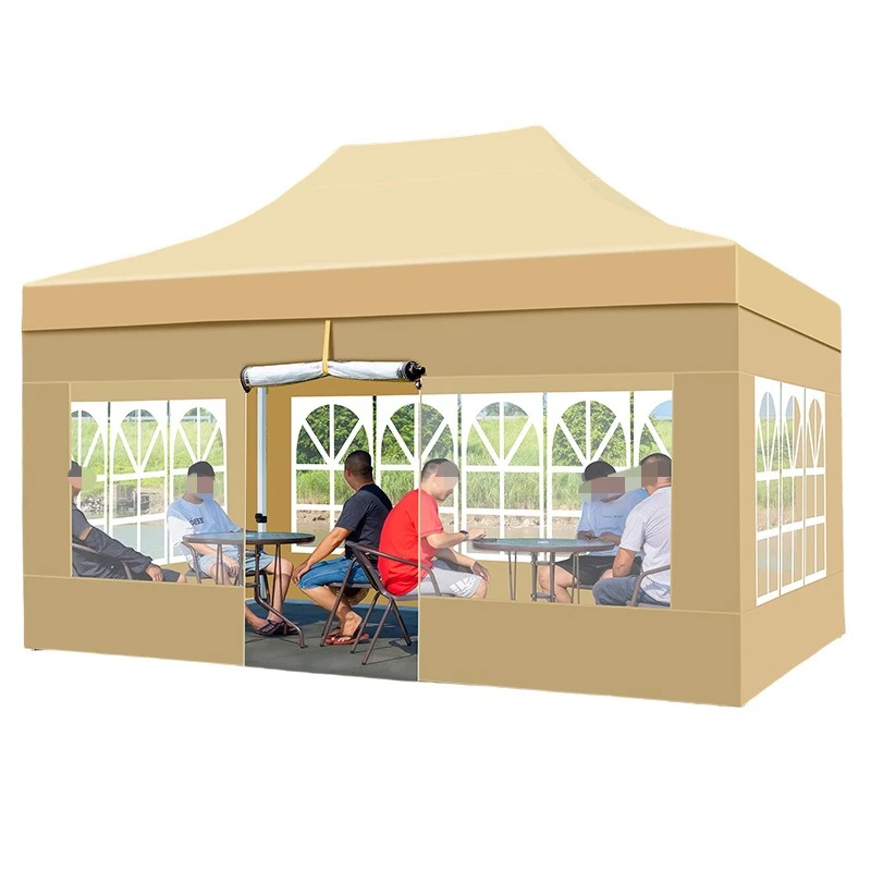 

Khaki activity tent outdoor market four-corner awning night market stall with windshield Roman window