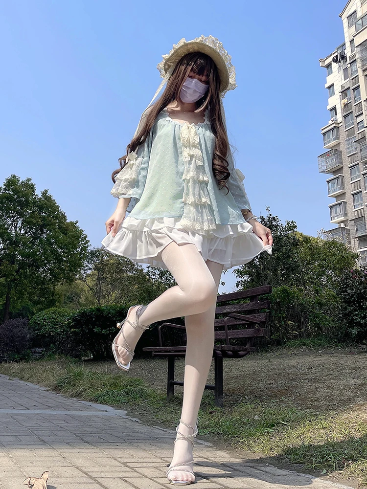 

Милый милый японский комплект из двух предметов, женский летний комплект 202, новый маленький размер, кружевной топ, юбка из полиэфирного волокна