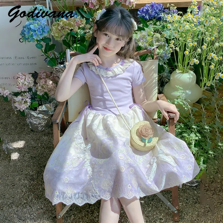 

Sweet Baby Girls Summer 2026 New Lolita Princess Dress Childrens Floral Purple Short Sleeve Lace Collar Bow Loose Soft Dresses