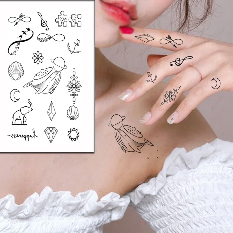 Tattoo Sticker Musical Note Arrow Whale Shell Diamond Moon Temporary Waterproof Finger Hand Arm Makeup Body Art for Men Women