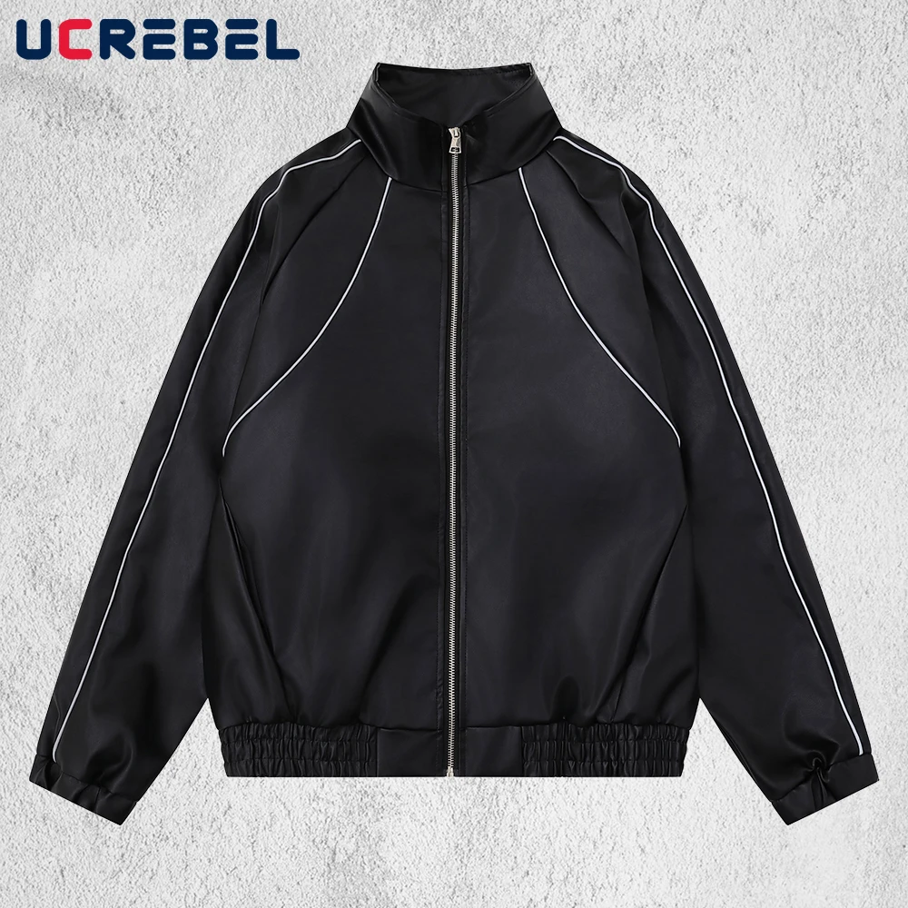 

Spliced Stand collar PU Leather Jacket Mens Autumn Winter High Street Loose Raglan Long Sleeve Motorcycle Jacket Man
