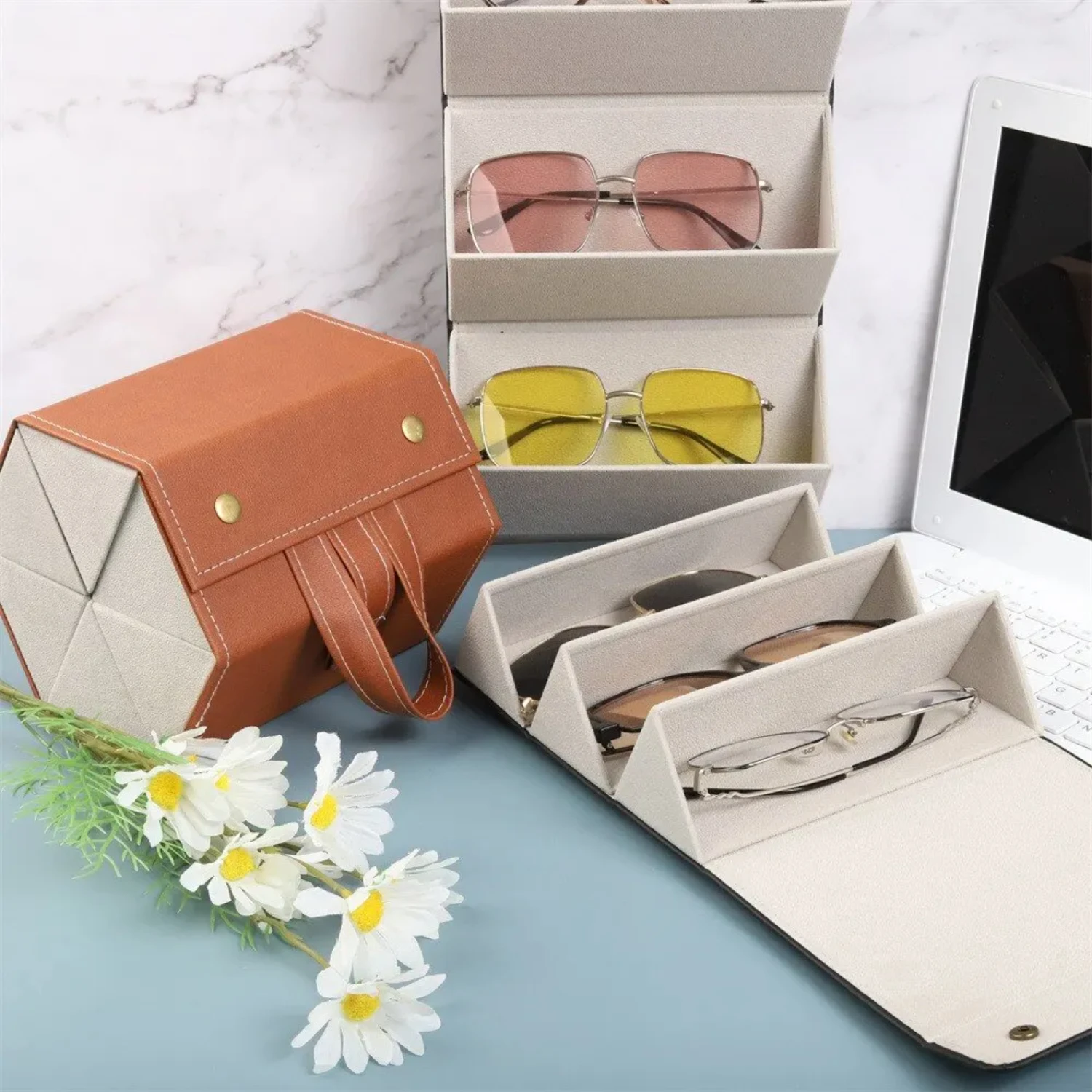 

Multifunctional Glasses Box Multi Grid Jewelry Gift Box Small Grain PU Leather High-end Quality Handmade Glasses Box