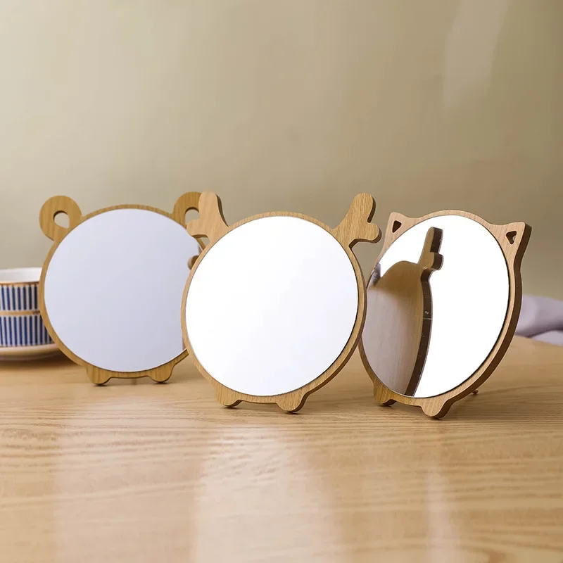 Dormitory Student Desk Top Standing Vanity Mirror Girls' Lovely Cartoon Wooden Vanity Mirror Women's Cute Makeup Tools