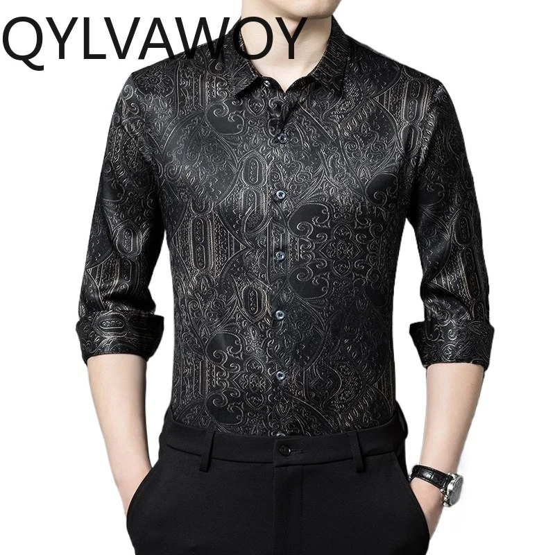 QYLVAWOY 100% Mulberry Silk Men's Shirts High-end Shirts for Men Long Sleeves Tops Printed Shirt Spring Autumn Menswear Clothing