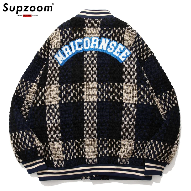 

Arrival 2023 New Top Fashion Cotton thread Thick Embroidery Rib Sleeve Bomber Jacket Baseball Autumn Winter Casual Plaid