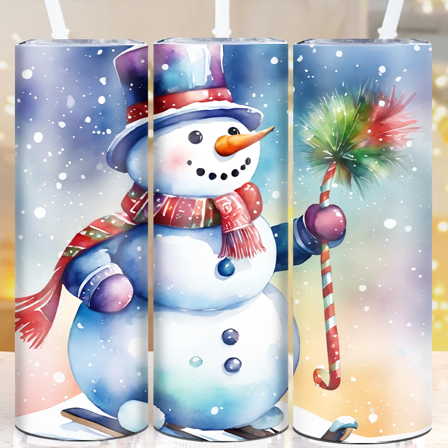 Christmas Water Mugs Straw Lid 1Pc 20oz Stainless Steel Hot Cold Insulated Tumbler Straight Mugs 3D Print Snowman Xmas Decors