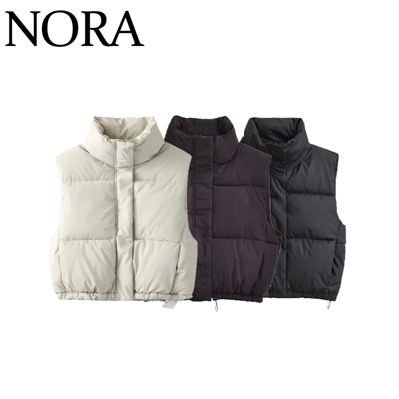 Fashionable Pure Color Stand Collar Pressed Cotton Vest NORA Women's Clothing 1255824811 Polyester Fiber Regular Length
